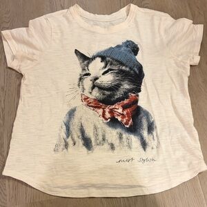 Pilcro Cat Graphic Tee with Blue Hat and Red Scarf